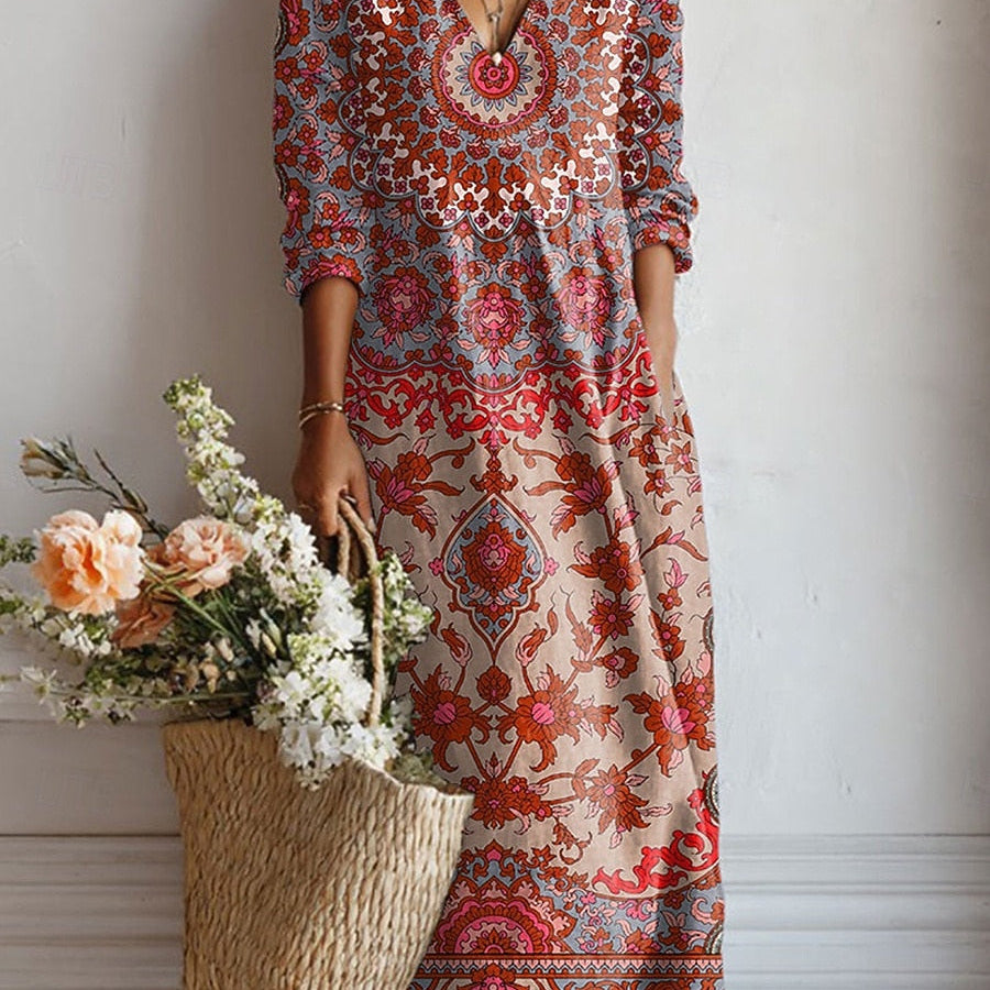 Jimena | Vestido Midi Boho de Lino Estampado Mujer Escote V