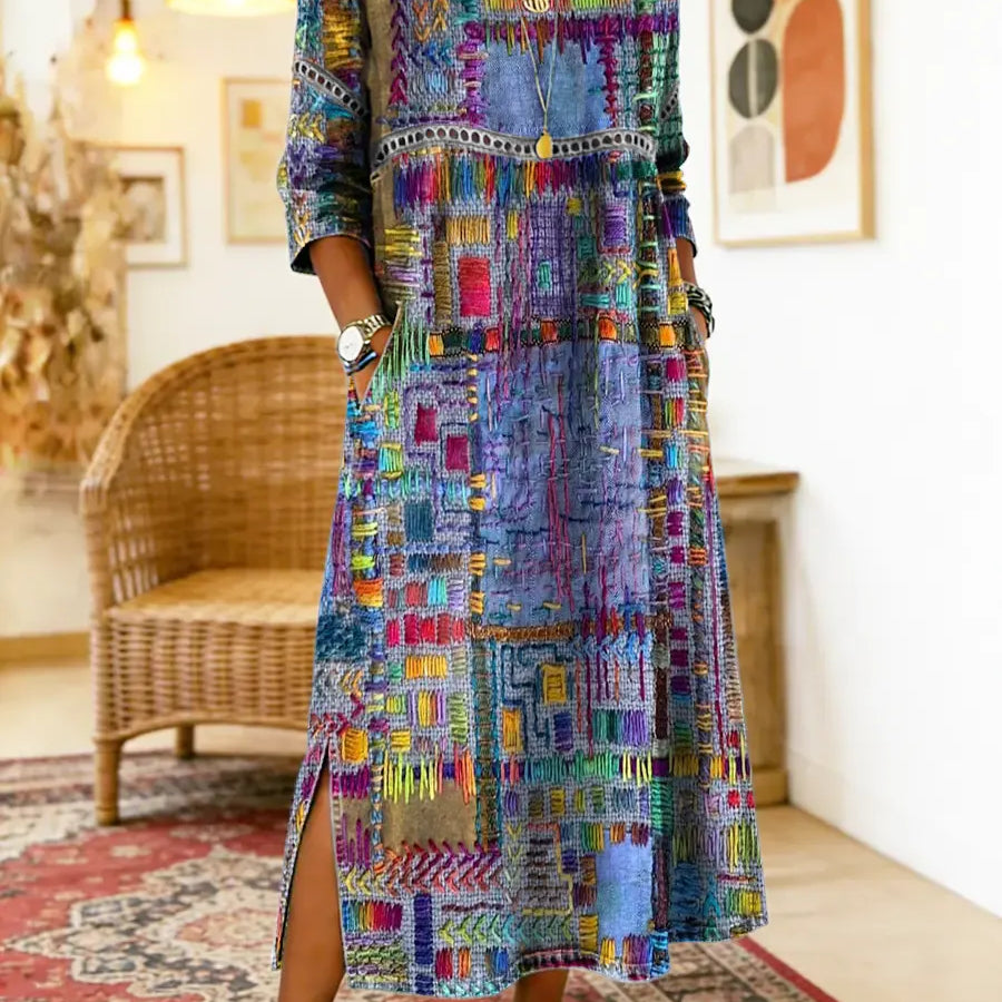 Dionísia | Vestido Denim con Patchwork Étnico