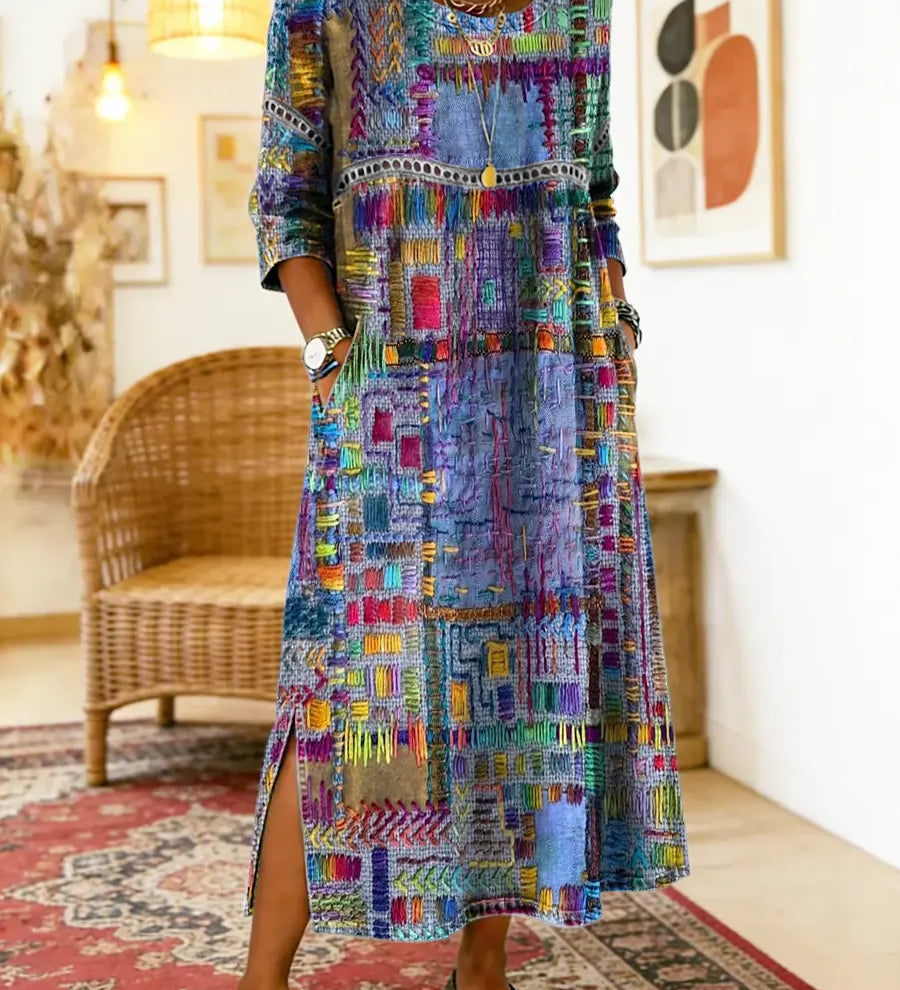 Dionísia | Vestido Denim con Patchwork Étnico