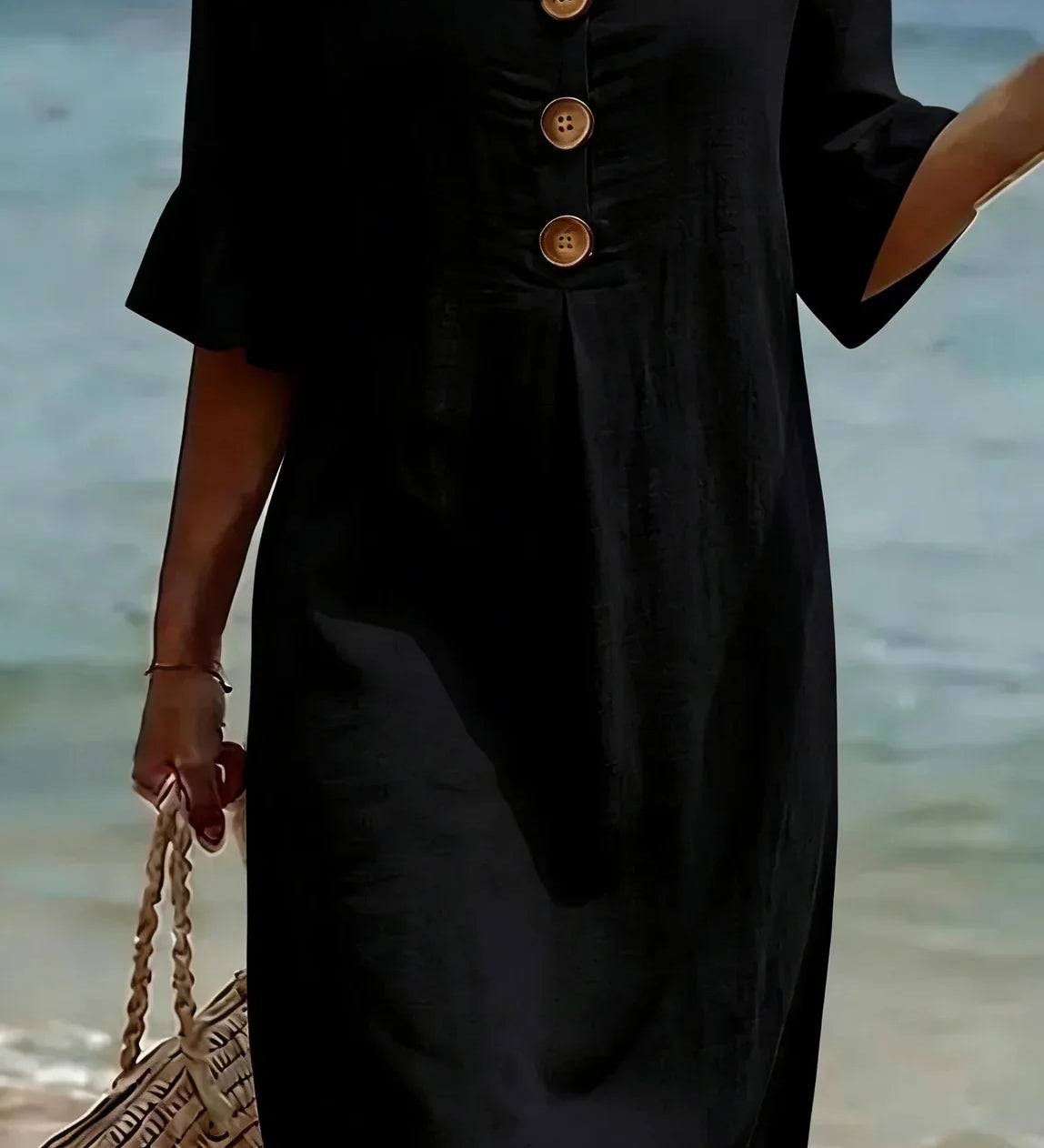 Vanesa | Vestido con textura de lino con manga abullonada y botones
