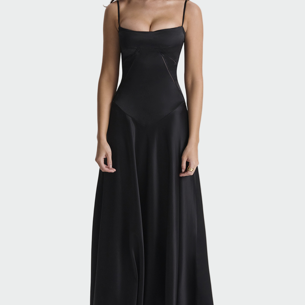Vistzslava | Vestido maxi satinado elegante para mujer con finos tirantes