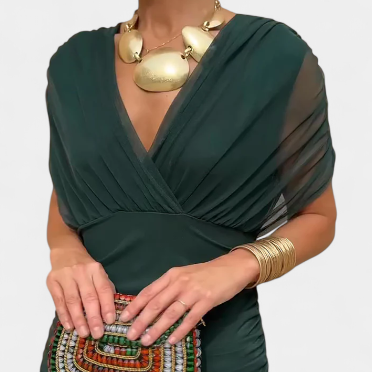 Iselina | Vestido largo fruncido para mujer con cuello en V elegante | Fluido