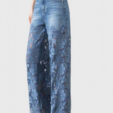 Jasiel | Pantalón Palazzo de Encaje Denim con Bordado Floral