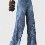 Jasiel | Pantalón Palazzo de Encaje Denim con Bordado Floral