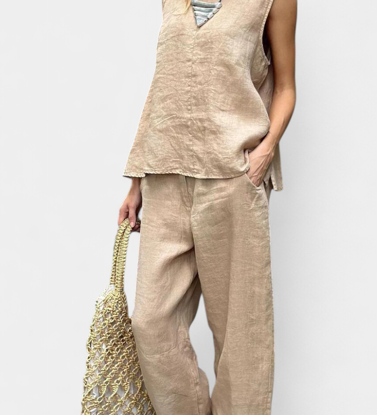 Leona | Conjunto de Chaleco y Pantalón Sin Mangas en Algodón Lino