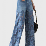 Jasiel | Pantalón Palazzo de Encaje Denim con Bordado Floral