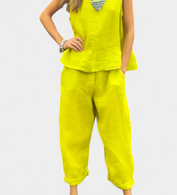 Leona | Conjunto de Chaleco y Pantalón Sin Mangas en Algodón Lino