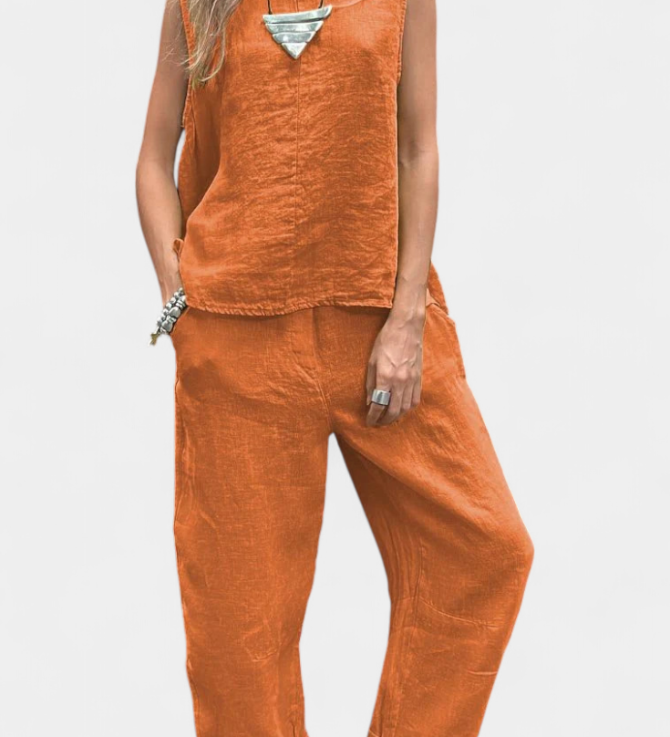 Leona | Conjunto de Chaleco y Pantalón Sin Mangas en Algodón Lino