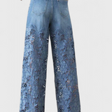 Jasiel | Pantalón Palazzo de Encaje Denim con Bordado Floral