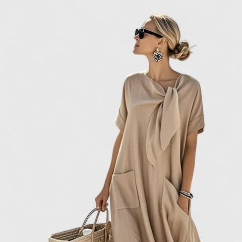 Inés | Vestido Largo Suelto con Lazo al Cuello Mujer Bolsillos