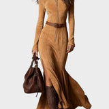 Adrianna | Vestido maxi de ante con cinturón y cremallera