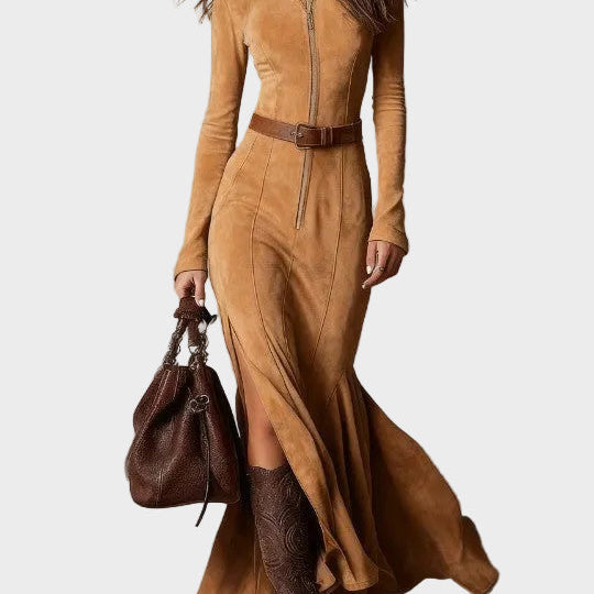 Adrianna | Vestido maxi de ante con cinturón y cremallera