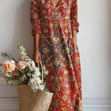 Jimena | Vestido Midi Boho de Lino Estampado Mujer Escote V
