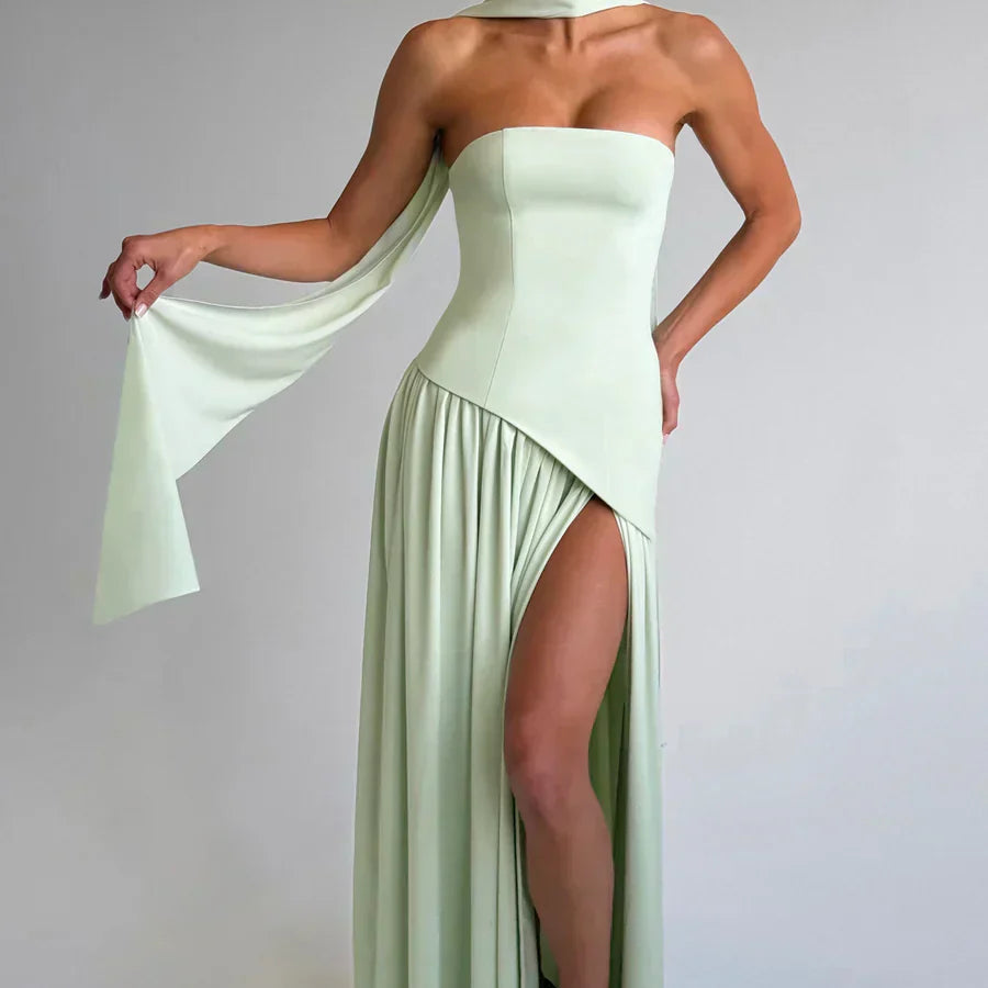 Talina | Vestido maxi asimétrico sin tirantes para mujer
