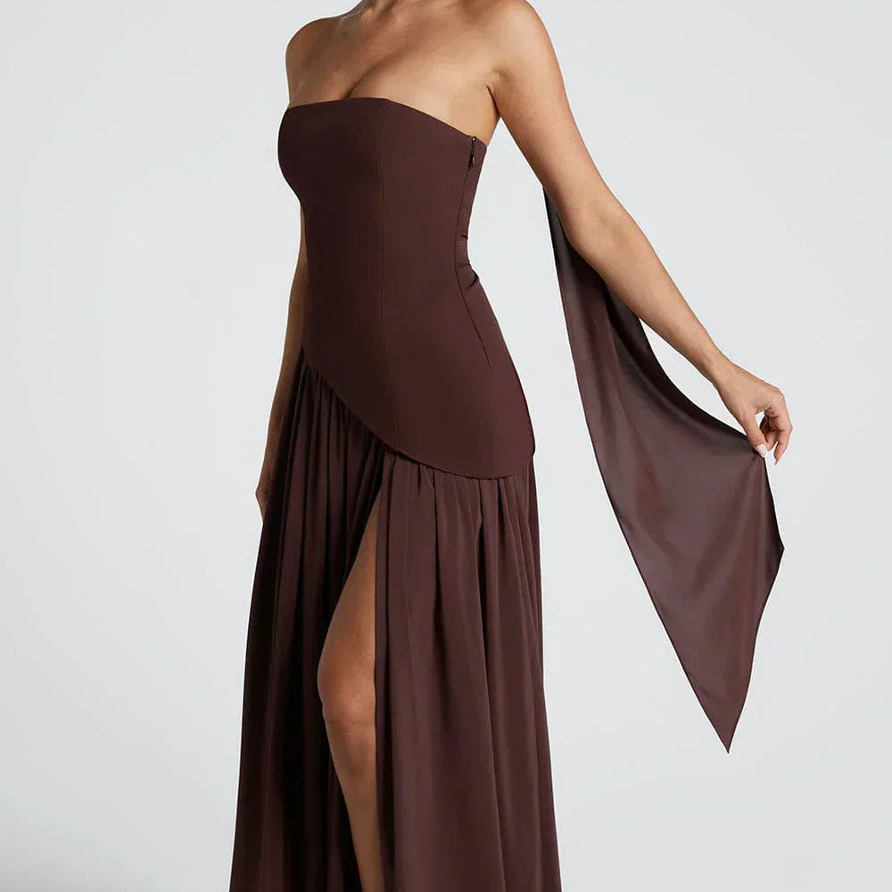 Talina | Vestido maxi asimétrico sin tirantes para mujer
