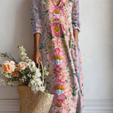 Jimena | Vestido Midi Boho de Lino Estampado Mujer Escote V