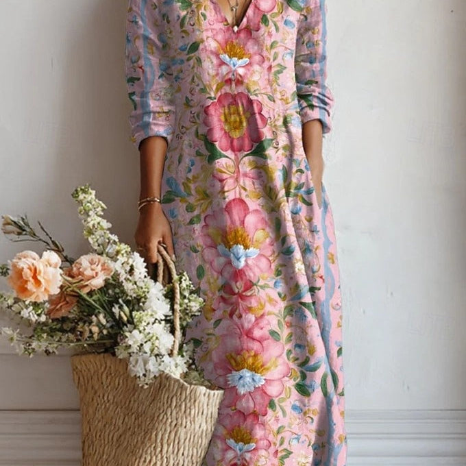 Jimena | Vestido Midi Boho de Lino Estampado Mujer Escote V