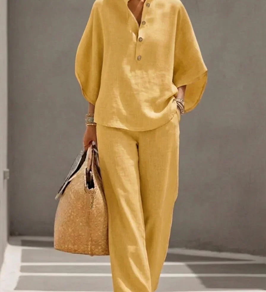 Gioconda | Conjunto de lino con mangas murciélago y pantalón ancho