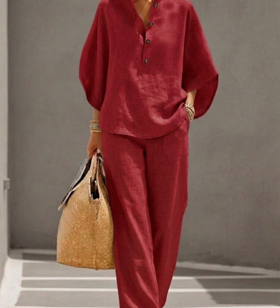 Arthea | Conjunto de Algodón Lino con Mangas Murciélago y Pantalón Ancho