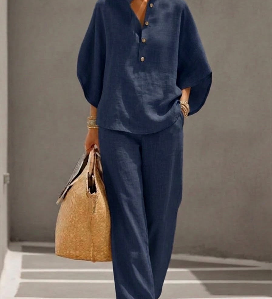 Elan | Conjunto de Algodón Lino con Mangas Murciélago y Pantalón Ancho