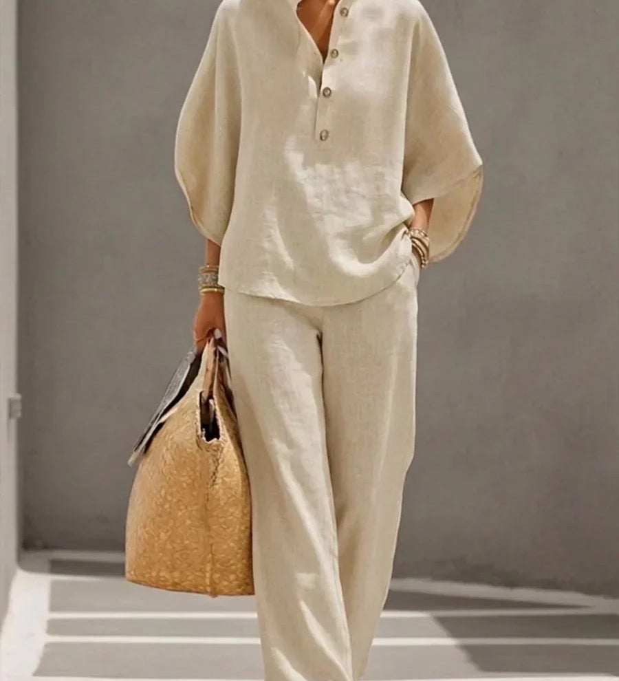 Gioconda | Conjunto de lino con mangas murciélago y pantalón ancho