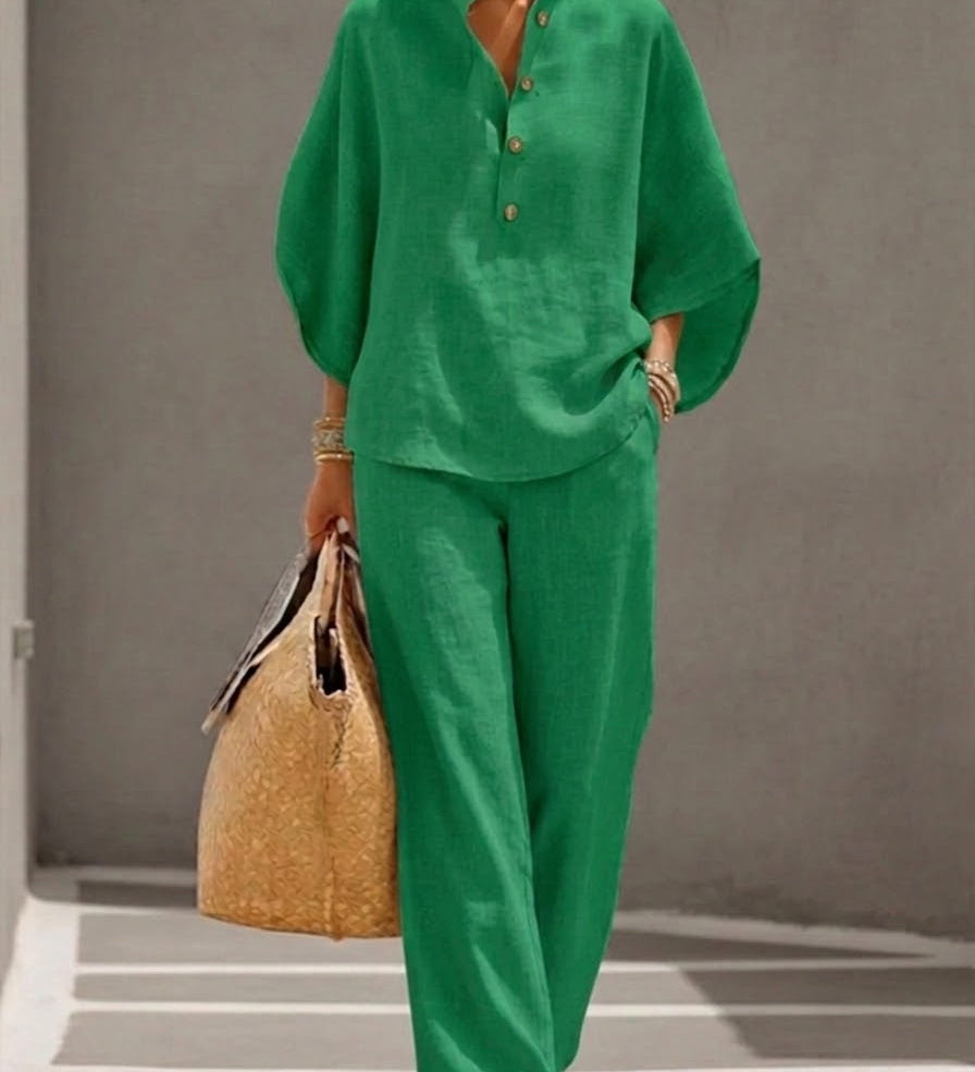 Arthea | Conjunto de Algodón Lino con Mangas Murciélago y Pantalón Ancho