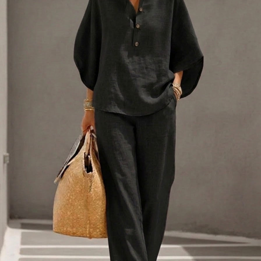Elan | Conjunto de Algodón Lino con Mangas Murciélago y Pantalón Ancho