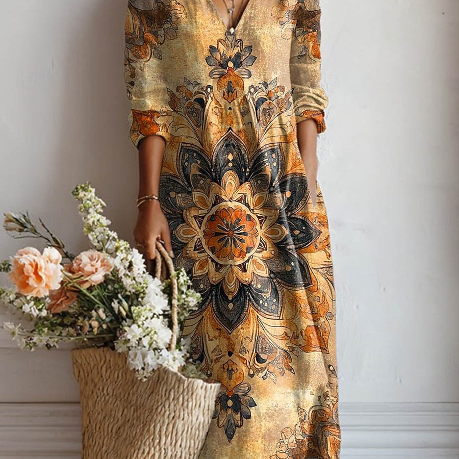 Jimena | Vestido Midi Boho de Lino Estampado Mujer Escote V