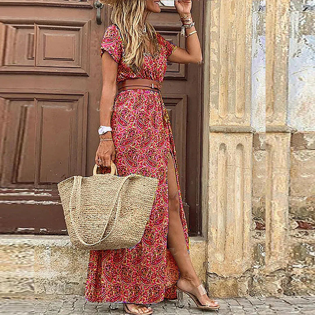 Emeka | Vestido largo bohemio fluido con cinturón
