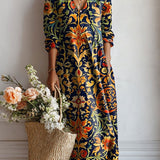Jimena | Vestido Midi Boho de Lino Estampado Mujer Escote V