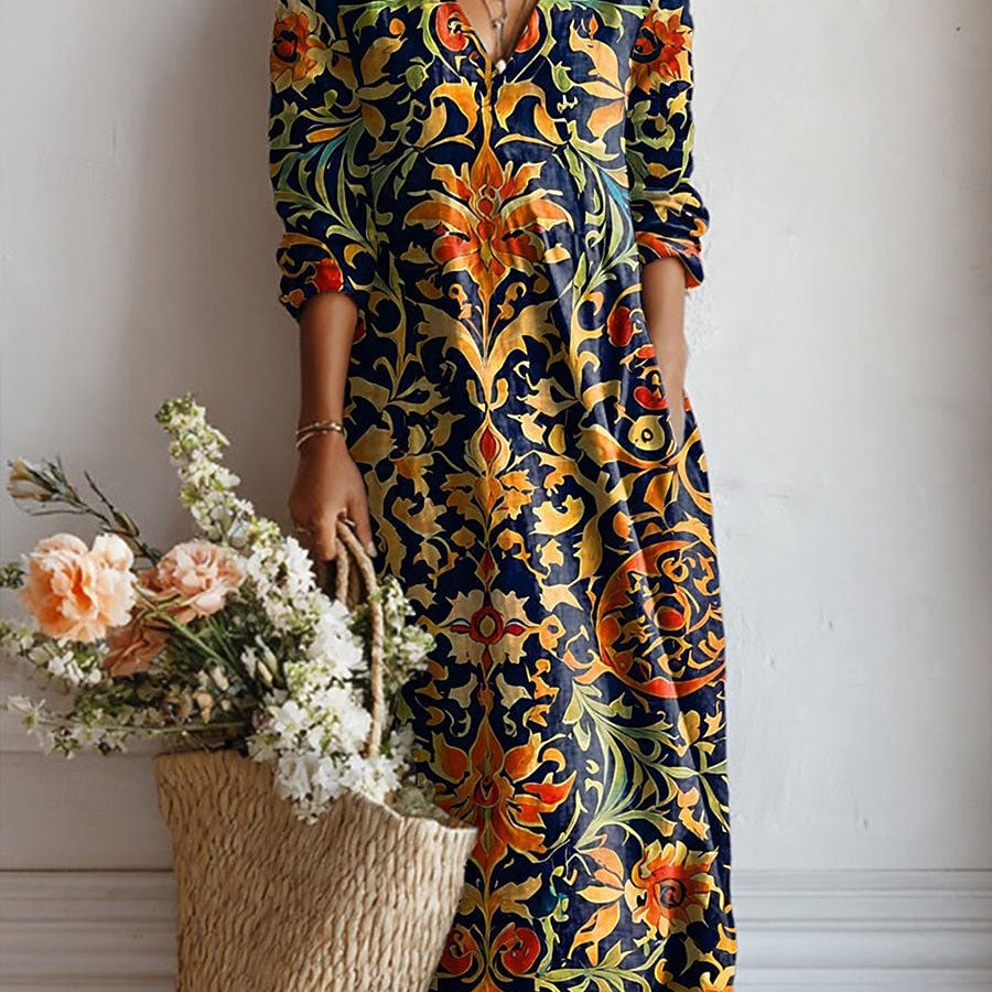 Jimena | Vestido Midi Boho de Lino Estampado Mujer Escote V