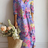 Jimena | Vestido Midi Boho de Lino Estampado Mujer Escote V