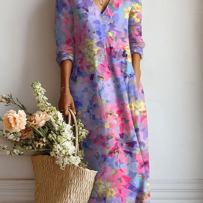 Jimena | Vestido Midi Boho de Lino Estampado Mujer Escote V
