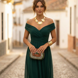 Leo | Vestido largo fruncido para mujer con cuello en V elegante | Boda
