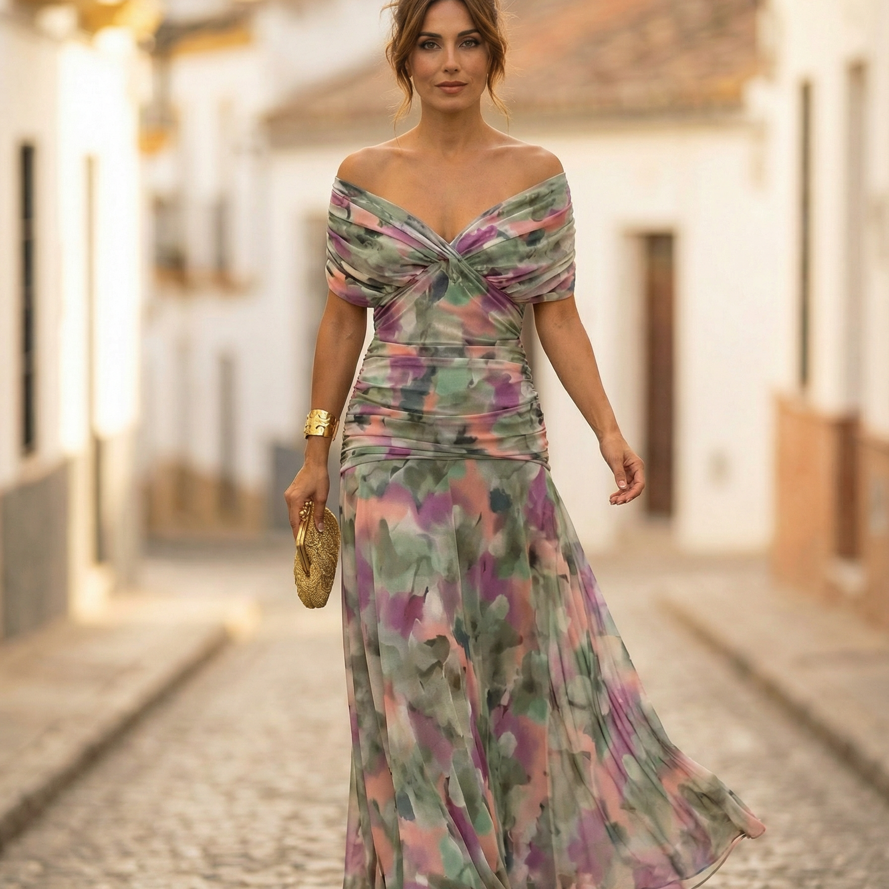 Leo | Vestido largo fruncido para mujer con cuello en V elegante | Boda
