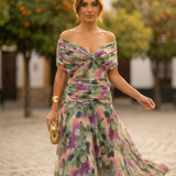 Leo | Vestido largo fruncido para mujer con cuello en V elegante | Boda