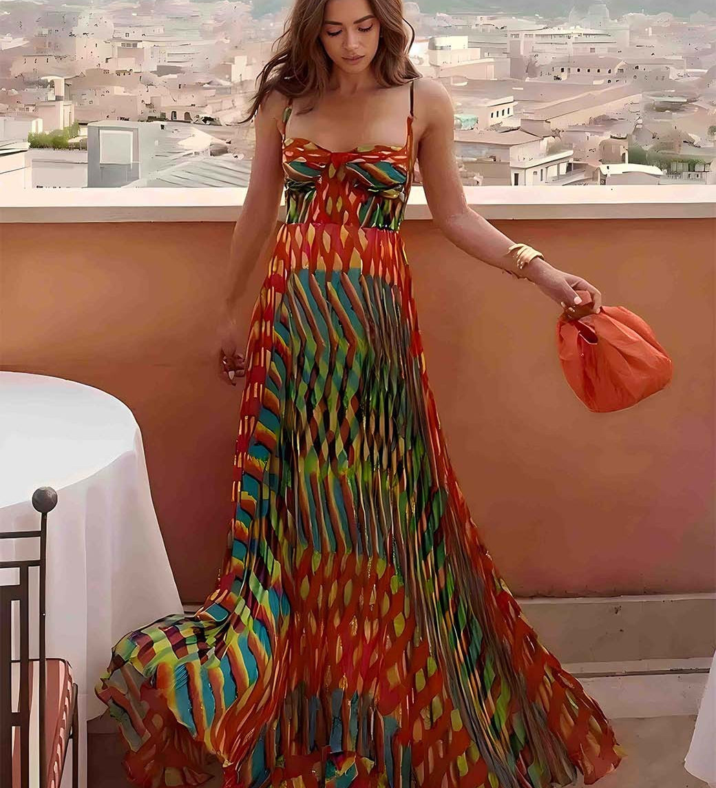 Aria | Vestido Maxi Estampado Abstrato Sin Mangas con Corte A-Line