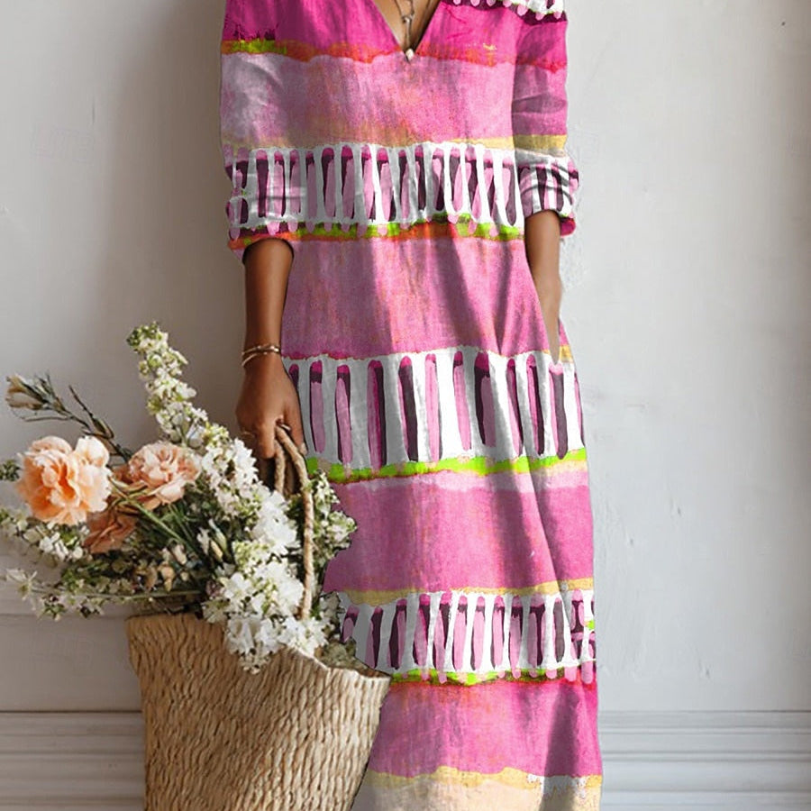 Jimena | Vestido Midi Boho de Lino Estampado Mujer Escote V